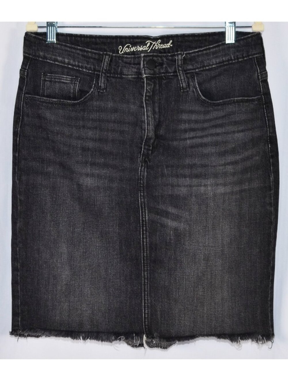 Universal Thread Distressed Black Wash Frayed Hem Denim Skirt Size 12